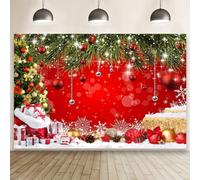 Fond rouge de Noël 3 x 2,4 m, boules de Noël, cloches, sapin, foin, décor rustique enneigé, idéal pour la photographie, les portraits d'enfants