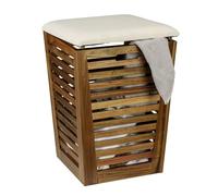 Fondi Panier à linge avec coussin d'assise, en bois d'acacia massif, d'une capacité de 55 l, 100% coton, dimensions : 40 x 56 x 40 cm, marron