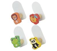 FONDOTIN 4 pièces Crochets Muraux Bois Cartoon pour Chambre Garçon Fille Patères Adhésives Sans Percage avec Motifs Animaux Grenouille Panda Lion Coq Patères Murales Décoratives et