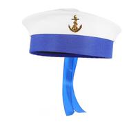FONDOTIN Chapeau Marin Blanc Sans Bord avec Ruban Bleu et Ancre Dorée Accessoire de Costume Sailor Cosplay pour Adultes Hommes et Femmes pour Fête et Déguisement Nautique