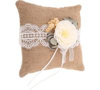 FONDOTIN Coussin Porte-alliances Rond en Toile de Jute et Lin Couleur Café, Coussin Décoratif à Fleurs en Dentelle Rustique pour Mariage Champêtre et Demande en Mariage, Accessoire Photo