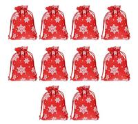 FONDOTIN Lot de 10 Paquet à Cordon pour Noël 10X14 CM en Toile de Jute Rouge Motifs Flocons de Neige Pochettes Portables pour Bonbons et Présents Festifs