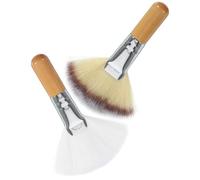 FONDOTIN Lot de 2 Pinceaux Visage Éventail pour Poudre et Blush, Grand Format, Poils Doux Blancs et Tricoles, Manche Court en Bois Naturel, pour Maquillage Féminin et Application Quotidienne
