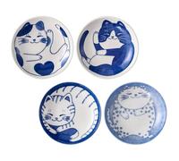 FONDOTIN Lot de 4 Mini-Assiettes à Sauce Soja en Céramique Blanche Motif Chat Japonerie Petits Plats à Trempette Multifonctions pour Apéritif et Préparation Culinaire Service de Table