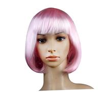FONDOTIN Perruque Bob Courte Droite avec Frange Rose pour Femme et Garçon Fille Cosplay Déguisement Années Fête Halloween Disco