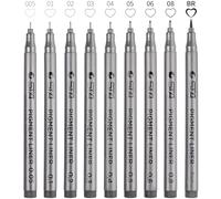Foneso 9 Fineliner Stifte, Ensemble de Pigmentliners Résistants à l'Eau (8 tailles de traits + 1 pinceau) - Pour Croquis, Illustration Artistique, Dessin Technique et Documents de Bureau - Noir