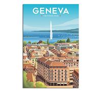 FONNIQ Affiches de voyage vintage Suisse, Genève, fontaine, vieille ville, affiches d'art sur toile, impressions d'art mural pour décoration murale pour chambre à coucher, bureau ou cadeaux de fête,