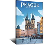 FONNIQ Poster de voyage vintage de Prague tchèque, château d'église, affiches d'art sur toile - impressions d'art mural pour décoration murale pour chambre à coucher, bureau, cadeaux de fête, 20 x 30