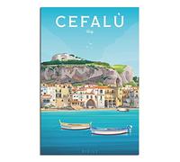 FONNIQ Poster vintage de voyage italien Cefalu - Ville côtière de la Sicile - Impression sur toile - Décoration murale pour chambre à coucher, bureau - Cadeaux de fête - 20 x 30 cm