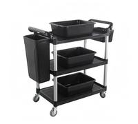 Fonowx Chariot de Service Commercial Chariot Cuisine Roulant Trolley à Étagères Chariot Utilitaire Métal PP Aluminium Alliage, Noir, Grand, Trois Bacs, Deux Seaux, Roues Silencieuses