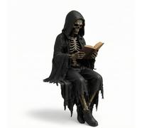 Fonowx Figurine Érudit Statue Gothique Sculpture Décorative Ornement Résine Personnage Assis Cape Sombre Livre Sculpté Texture Soignée Adaptée à Vitrine Bureau Lecture, Style C - Squelette Lecteur