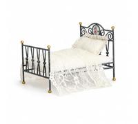 Fonowx Lit Miniature pour Poupée Lits Jouet Métal Motif Fleur Tête de Lit Drapé Textile Coussin Structure Vintage Convient à, Noir, Lit Rétro en Fer De 16 Cm avec Literie en Dentelle
