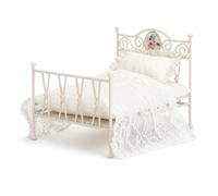 Fonowx Lit Miniature pour Poupée Lits Jouet Métal Motif Fleur Tête de Lit Drapé Textile Coussin Structure Vintage Convient à, Blanc, Lit Rétro en Fer De 16 Cm avec Literie en Dentelle