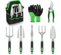 Fonowx Outils de Jardinage Ensemble Kit Accessoires Professionnels avec Truelle Transplantoir Griffe Cultivateur Désherbeur Sécateur Gants et Sac Matériau en, Green