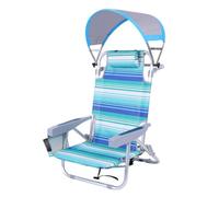 Fonowx Siège de Plage Pliable Appui-tête Multipositions Rétractable Rangement Latéral Convient pour Séjour Extérieur Jardin Piscine, Chaise De Plage Basse Rayures Bleu-Vert + Auvent