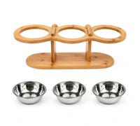 Fonowx Support de Gamelles Élevé Gamelle Chien Chat Distributeur Nourrisseur Trémie en Bambou Compact Trois Réservoirs INOX Amovibles Entretien Naturelle