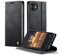 FONREST Compatible avec iPhone 12-Mini, étui portefeuille à rabat ultra fin en cuir de veau grainé avec béquille, porte-cartes anti-RFID, fente pour espèces, fermeture magnétique (noir)
