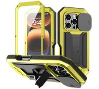 FONREST Coque intégrale robuste pour iPhone 16-Pro-Max avec béquille [Coque coulissante pour objectif d'appareil photo] Antichoc en aluminium + TPU avec protection d'écran en verre trempé (jaune)