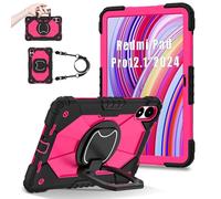 FONREST Coque portable robuste pour Xiaomi Poco Pad/Redmi Pad Pro 12,1'' 2024 avec béquille pivotante/anneau de suspension/poignée de levage hybride robuste antichoc (noir + rose)
