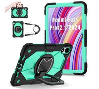FONREST Coque portable robuste pour Xiaomi Poco Pad/Redmi Pad Pro 12,1'' 2024 avec béquille pivotante/anneau de suspension/poignée de levage hybride robuste résistant aux chocs (noir + menthe)