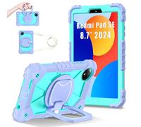 FONREST Coque portable robuste pour Xiaomi Redmi Pad SE 8,7" 2024 avec béquille pivotante/anneau de suspension et poignée de levage - Coque hybride résistante aux chocs (violet + menthe)