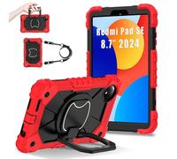 FONREST Coque portable robuste pour Xiaomi Redmi Pad SE 8,7" 2024 avec béquille pivotante/anneau de suspension/poignée de levage, lanière hybride résistante aux chocs (rouge + noir)