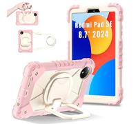 FONREST Coque portable robuste pour Xiaomi Redmi Pad SE 8,7" 2024 avec béquille pivotante/anneau de suspension et poignée de levage - Coque hybride résistante aux chocs (rose)