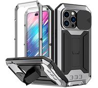 FONREST Étui Intégrale pour iPhone-14-Pro avec [Béquille] [Faire Glisser Coque de Lentille] Antichoc en Métal Robuste Housses avec Verre trempé, Prend en Charge Le Chargement sans Fil (Argent)