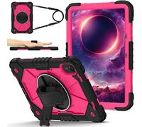 FONREST Étui portable robuste compatible avec Redmi Pad 2 11" 2025 avec béquille pivotante et dragonne, coque rigide résistante aux chocs avec bandoulière (noir + rose)