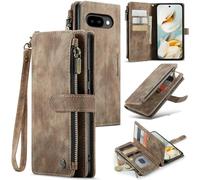 FONREST Étui portefeuille à fermeture éclair en cuir synthétique avec coque arrière en TPU, béquille, 10 emplacements pour cartes, dossier pour espèces, dragonne tout-en-un (marron)