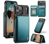 FONREST Étui portefeuille arrière fin pour iPhone-17-Pro avec porte-cartes à rabat/béquille et blocage RFID, coque de protection arrière antichoc en cuir TPU+PU avec fermoirs magnétiques (bleu-vert)