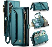 FONREST Étui portefeuille en cuir pour Galaxy-S24+Plus, étui portefeuille à rabat magnétique avec béquille, 10 emplacements pour cartes, fente pour espèces, poche zippée, dragonne (bleu-vert)