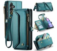 FONREST Étui portefeuille en cuir pour Samsung Galaxy A15 4G/5G, étui portefeuille à rabat magnétique avec béquille, 10 emplacements pour cartes RFID, poche zippée, dragonne, bleu et vert