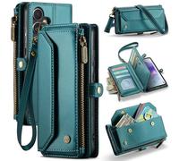 FONREST Étui portefeuille en cuir pour Samsung Galaxy A55 5G, étui portefeuille à rabat magnétique avec béquille, 10 emplacements pour cartes RFID, fente pour espèces, poche zippée, dragonne, bleu