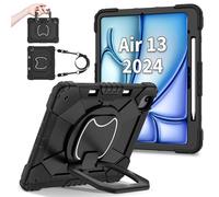 FONREST Étui robuste portable pour iPad Air 13" M2 2024 A2898/A2899 avec porte-crayon, béquille rotative à 360°, anneau de suspension, dragonne, coque blindée résistante aux chocs (noir)