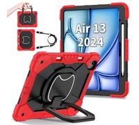 FONREST Étui robuste portable pour iPad Air 13" M2 2024 A2898/A2899 avec porte-crayon, béquille rotative à 360°, anneau de suspension, dragonne, coque blindée résistante aux chocs (rouge + noir)