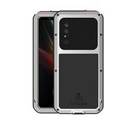 FONREST Tout Le Corps Coque pour Sony Xperia 1 II Love Mei À Toute épreuve Hybride Anti-Choc Hybride Aluminium Silicone Housses avec Verre Trempé, Prend en Charge la Charge sans Fil (Argent)