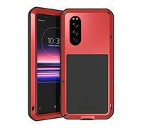 FONREST Tout Le Corps Coque pour Sony Xperia 5 6,1-Pouces, Love Mei Hybride Aluminium Métal Armure Antichoc Antipoussière Housses avec Verre trempé, Supporte Le Chargement sans Fil (Rouge)