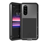 FONREST Tout Le Corps Coque pour Sony Xperia 5 6,1-Pouces, Love Mei Hybride Aluminium Métal Armure Antichoc Antipoussière Housses avec Verre trempé, Supporte Le Chargement sans Fil (Noir)