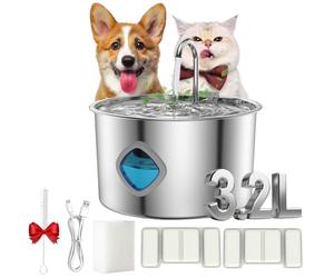 Fontaine à eau de 3,2 L pour petit chien et chat, fontaine à eau en acier inoxydable avec 2 filtres, donnez à votre animal une vie plus longue et plus saine avec une bonne hydratation (18 filtres, 3,2