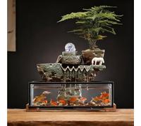 Fontaine à eau de table avec bol à poisson et base en bois, relaxation zen intérieure pour la maison et le bureau