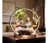 Fontaine à eau de table - Cascade d'intérieur en céramique avec lumière LED, cascade de bureau avec roue à eau et base en bois pour bureau, salon ou chambre à coucher