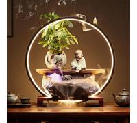 Fontaine à eau de table - Cascade d'intérieur en céramique avec lumière LED, cascade de bureau avec roue à eau et base en bois pour bureau, salon ou chambre à coucher