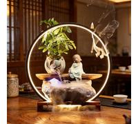 Fontaine à eau de table - Cascade d'intérieur en céramique avec lumière LED, roue à eau bonsaï de bureau et base en bois pour bureau ou salon