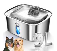 Fontaine à eau pour chiens de grande taille, 9 L, fontaine pour chien en acier inoxydable avec fenêtre de niveau d'eau et filtration, distributeur automatique d'eau pour animaux domestiques, super