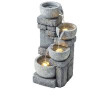 Fontaine de jardin cascade 4 niveaux | Éclairage LED blanc chaud | Débit réglable | Résine gris effet pierre | Usage extérieur
