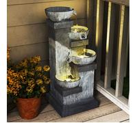 Outsunny Fontaine de Jardin Cascade Fontaine d'eau extérieure 4 Niveaux avec lumières LED, Pompe à Eau, en résine, 38 x 36 x 85 cm, Gris
