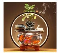 Fontaine de table en céramique avec cascade d'intérieur et de relaxation avec aquarium en verre, base en bois et lumière LED, Zen, D