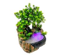 Fontaine d'intérieur avec éclairage LED et décoration de plantes [Fontaine de table en résine] 20 x 15 x 28 cm - Fontaine de table moderne avec 3 cascades, pompe silencieuse, symbole de bonheur, pour