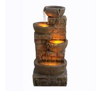 Fontaine Extérieure En Cascade De Bols Et De Pierres Empilées De 33,27 Pouces Avec Lumières Led, Marron, Teamson Home Marron